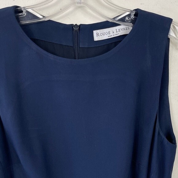 Rouge a Levres Navy Blue Office Work Career Sleeveless Sheath Dress 40 XS Belted - Picture 4 of 14